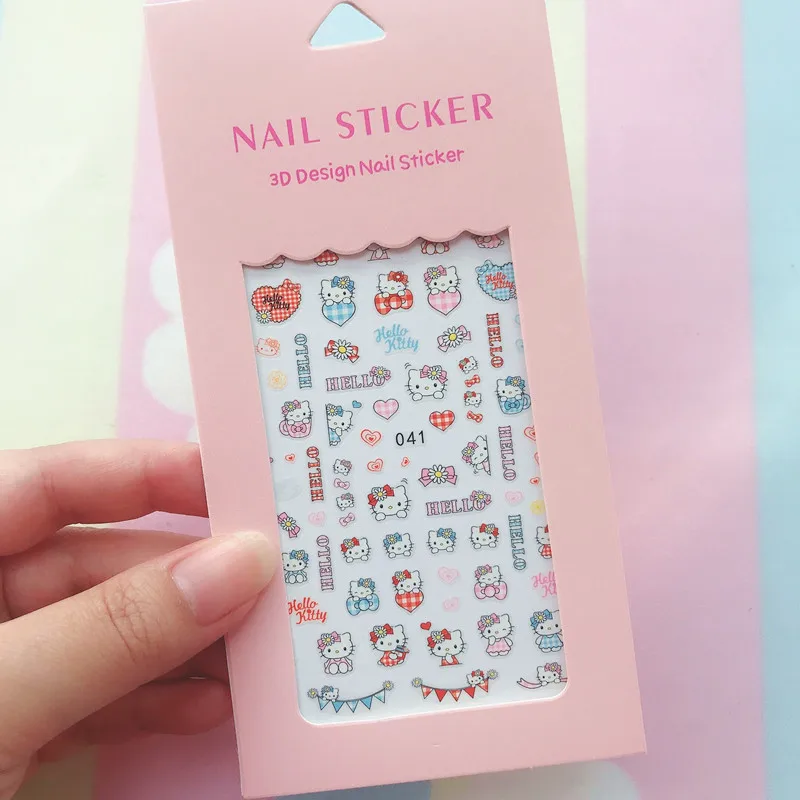 Color: Black with White - 1PCS Hello Kitty 3D Nail Stickers Press on Nails Mickey Mouse Donald Duck Stitch Cartoon Stickers Nail Art Decoration