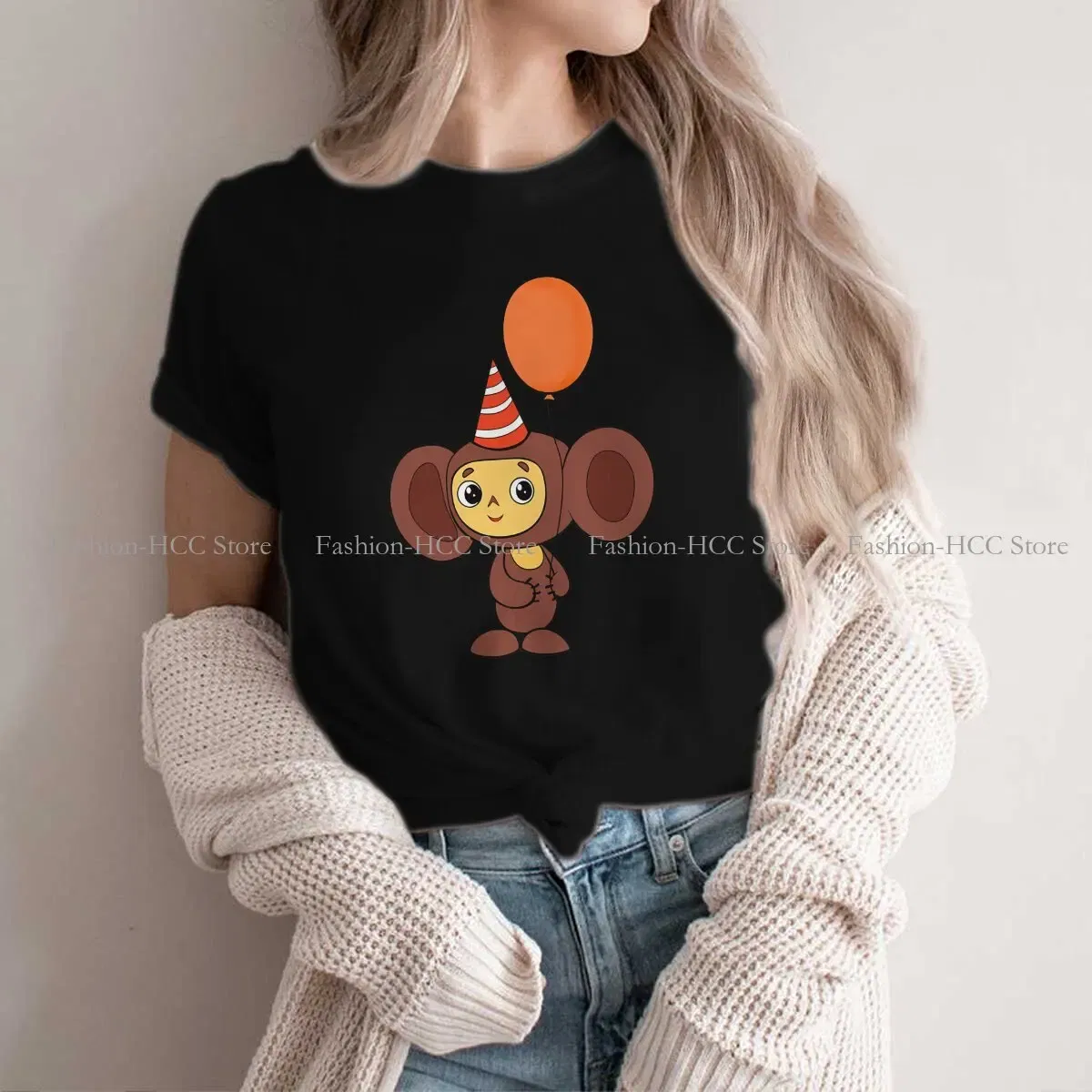 Color: black, Size: L - Cheburashka Che Burashka Gena Russian Cartoon Polyester TShirts Birthday Distinctive Homme T Shirt Hipster Clothing