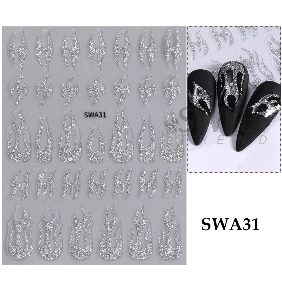 Color: Red - Metallic Bohemian Style Nail Sticker Gold Silver Lace Lines Green Gem Love Heart 3D Holographic Manicure Sliders Nail Decoration