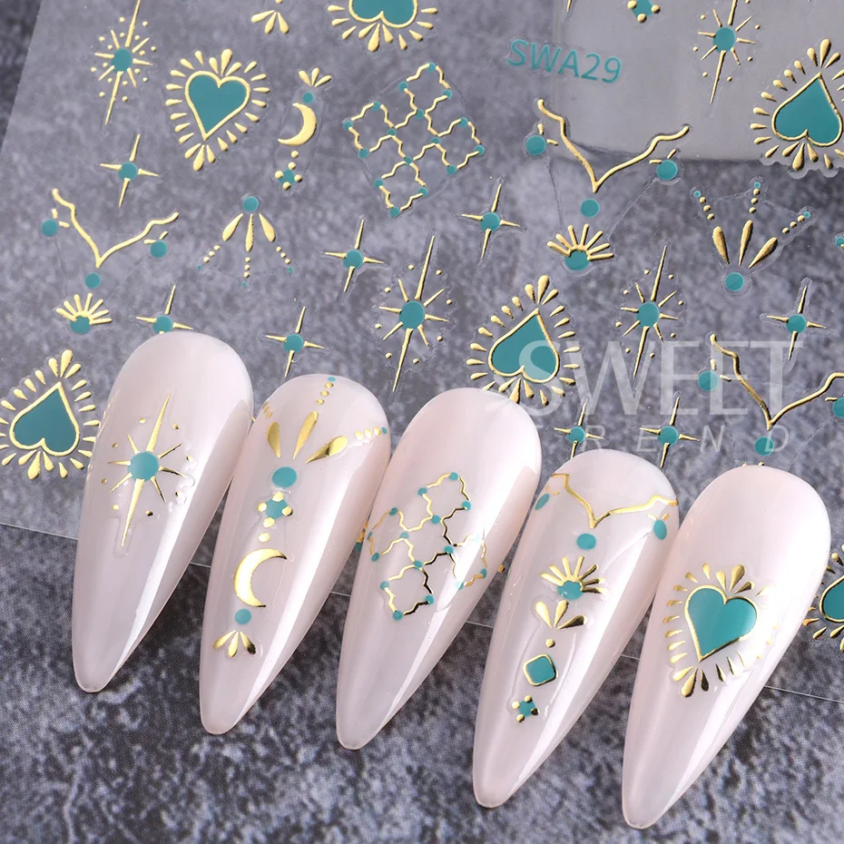 Color: Red - Metallic Bohemian Style Nail Sticker Gold Silver Lace Lines Green Gem Love Heart 3D Holographic Manicure Sliders Nail Decoration
