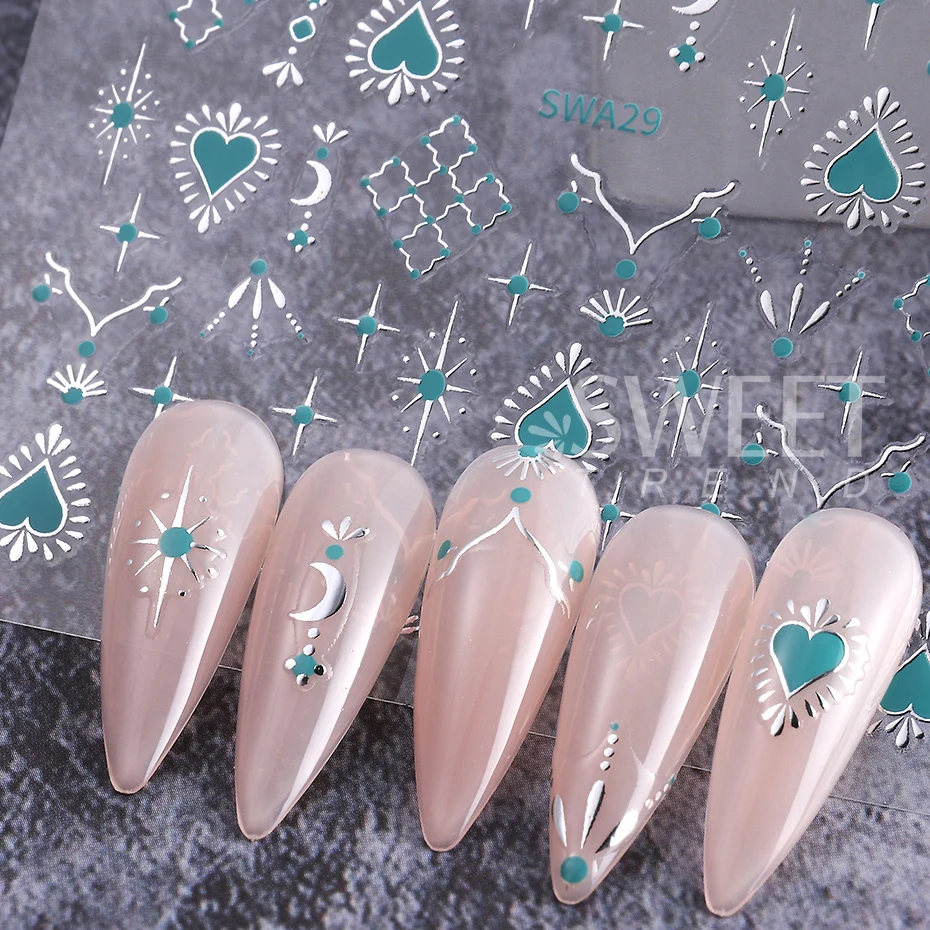 Color: Red - Metallic Bohemian Style Nail Sticker Gold Silver Lace Lines Green Gem Love Heart 3D Holographic Manicure Sliders Nail Decoration