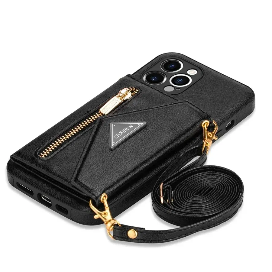Color: Brown, Material: tpu - Wallet Side Card Zipper Flip Crossbody Leather Case For iPhone 15 14 Pro Max 13 Mini 12 11 SE 2022 2020 X XS XR 8 7 6 6s Plus