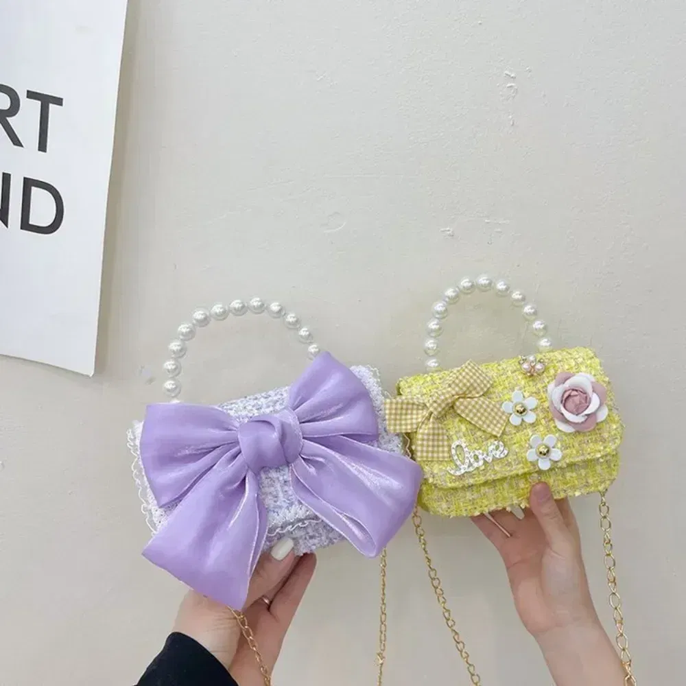 Color: Gold - New Children's Fashion Little Fragrant Wind Elsa Princess Bag Little Girl Pearl Handheld Crossbody Bag Net  Red envelope