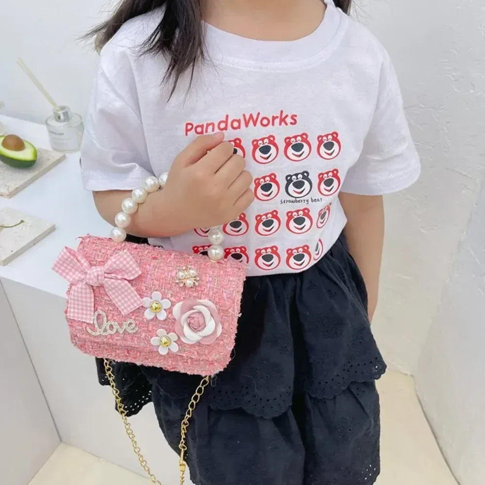 Color: Gold - New Children's Fashion Little Fragrant Wind Elsa Princess Bag Little Girl Pearl Handheld Crossbody Bag Net  Red envelope