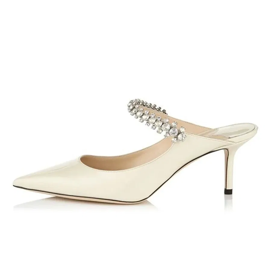 Color: WHITE, Shoe Size: 34, Ships From: CHINA - Elegant Leather Mules Pointed Toe Stylish Rhinestone Embellished High Heel Sandals Sophisticated Party Evening Shoes Footwear