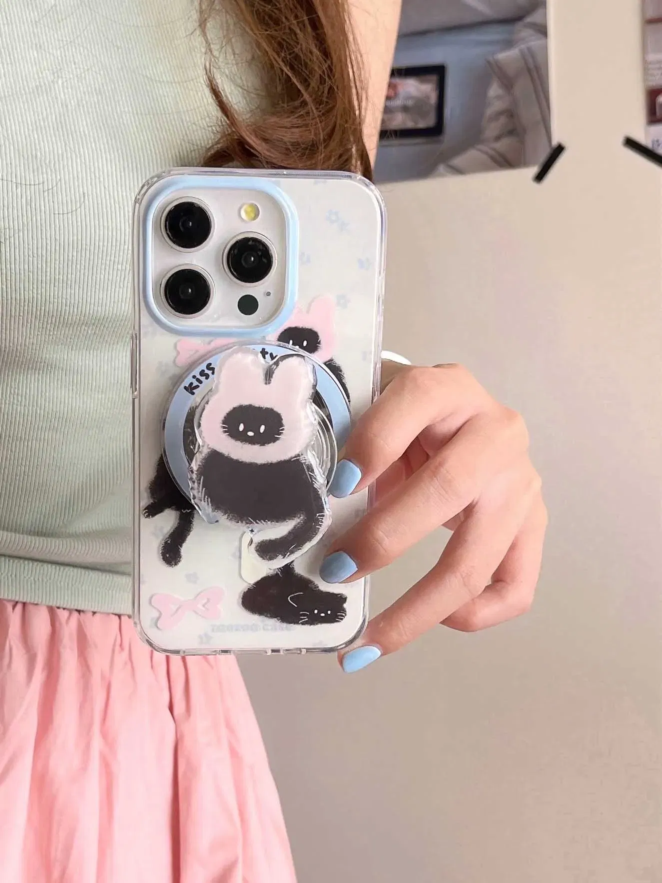 Color: Blue, Material: POLYESTER - Cute Black Cat, Pink Bow, Blue Flower Magnetic Card Holder Phone Case for IPhone 13 14 15 Pro Max 13Pro 16ProMax 14Pro 15Pro 12