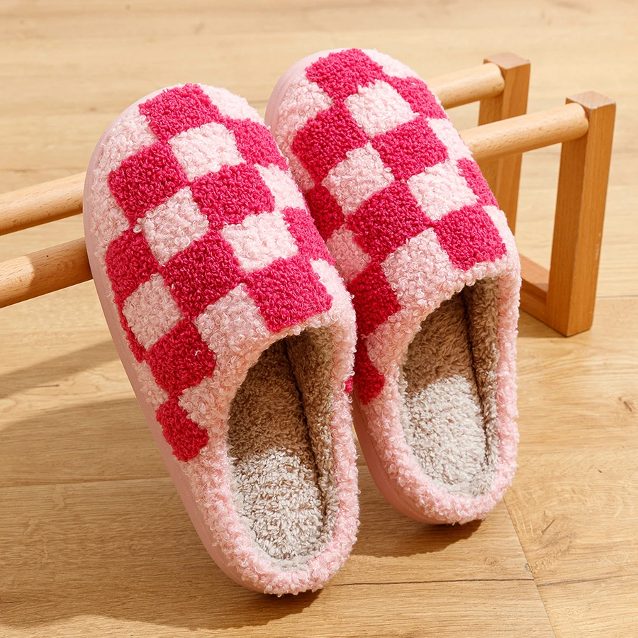 Color: Blue, Shoe Size: 43-44 - Fashion Retro Checker Women's Winter Warm Home Slippers Couple Indoor Bedroom Plush Anti-slip Soft Sole Leisure Shoes Men