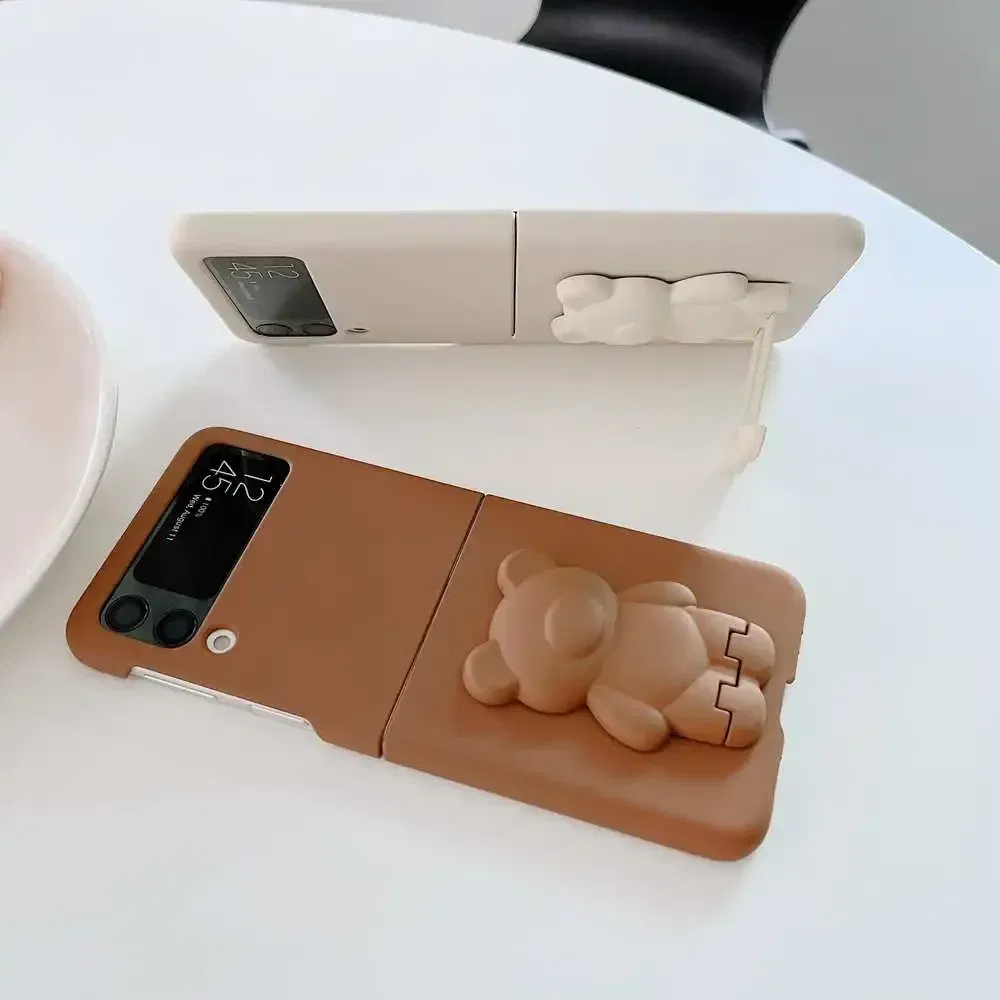 Color: Dark Blue, Material: Aluminum - 3D Bear Bracket Kickstand Cute Case For Samsung Galaxy Z Flip 5 4 3 Hard Phone Case For Samsung Z Flip 3 4 Flip5 ZFlip4 Cover