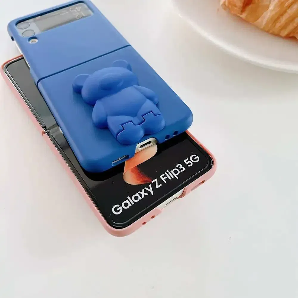 Color: Dark Blue, Material: Aluminum - 3D Bear Bracket Kickstand Cute Case For Samsung Galaxy Z Flip 5 4 3 Hard Phone Case For Samsung Z Flip 3 4 Flip5 ZFlip4 Cover