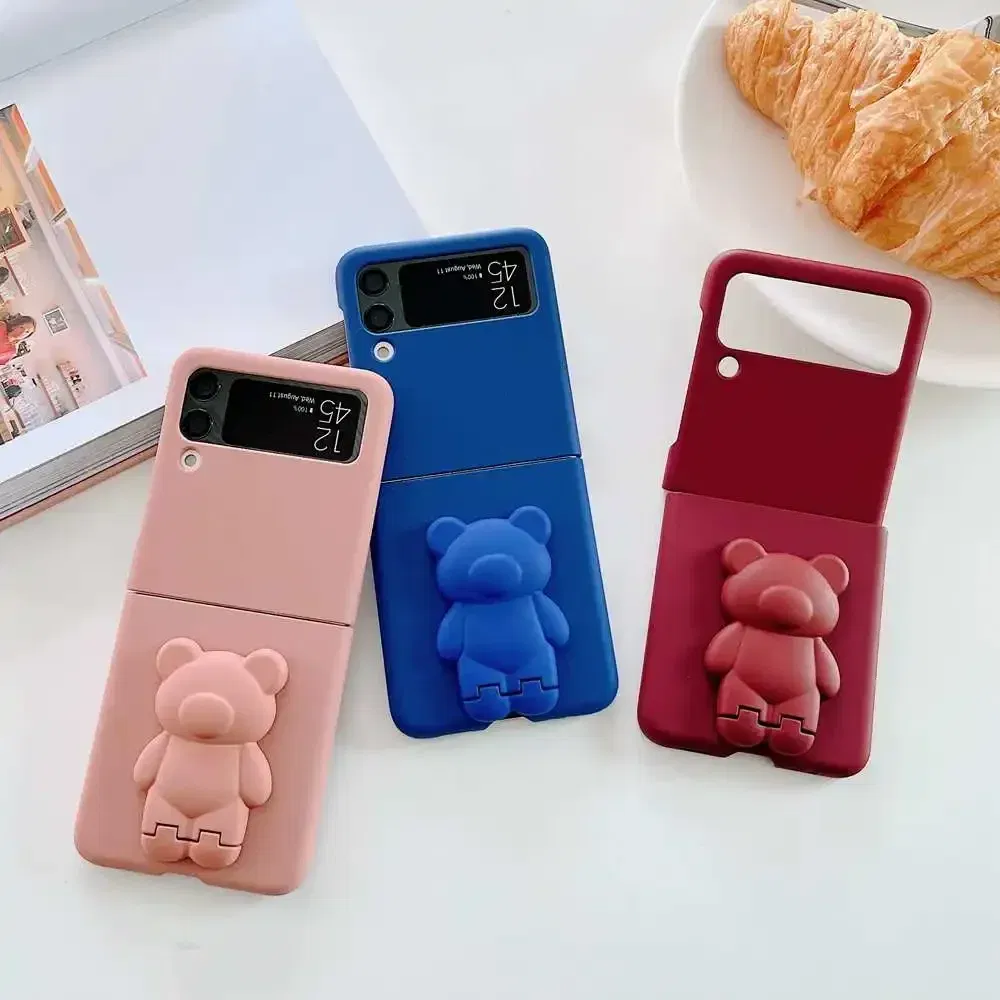 Color: Dark Blue, Material: Aluminum - 3D Bear Bracket Kickstand Cute Case For Samsung Galaxy Z Flip 5 4 3 Hard Phone Case For Samsung Z Flip 3 4 Flip5 ZFlip4 Cover