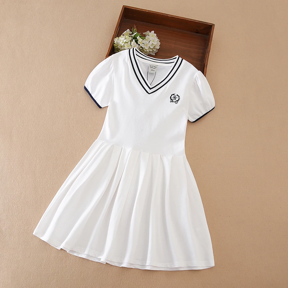 Color: Blue, Kid US Size: 9T - Girls' White Summer Dress V-Neck Polo Pleated Dress for School 5-12 Years Girls Clothing