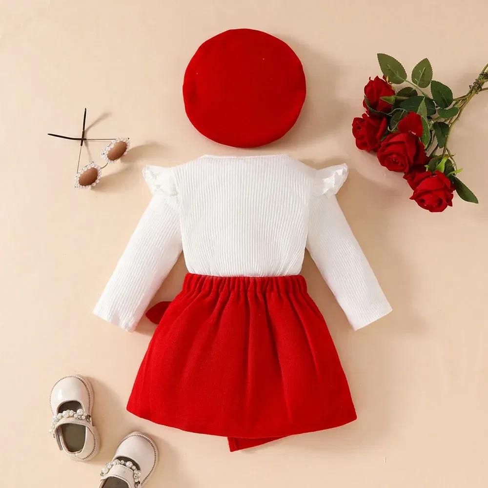 Color: Navy Blue, Kid Size: 3M - Baby Girls Clothes New Year Set 0-3Y Long Sleeve Big Bow Top Irregular Skirt and Beret 3Pcs Toddler Christmas Clothes