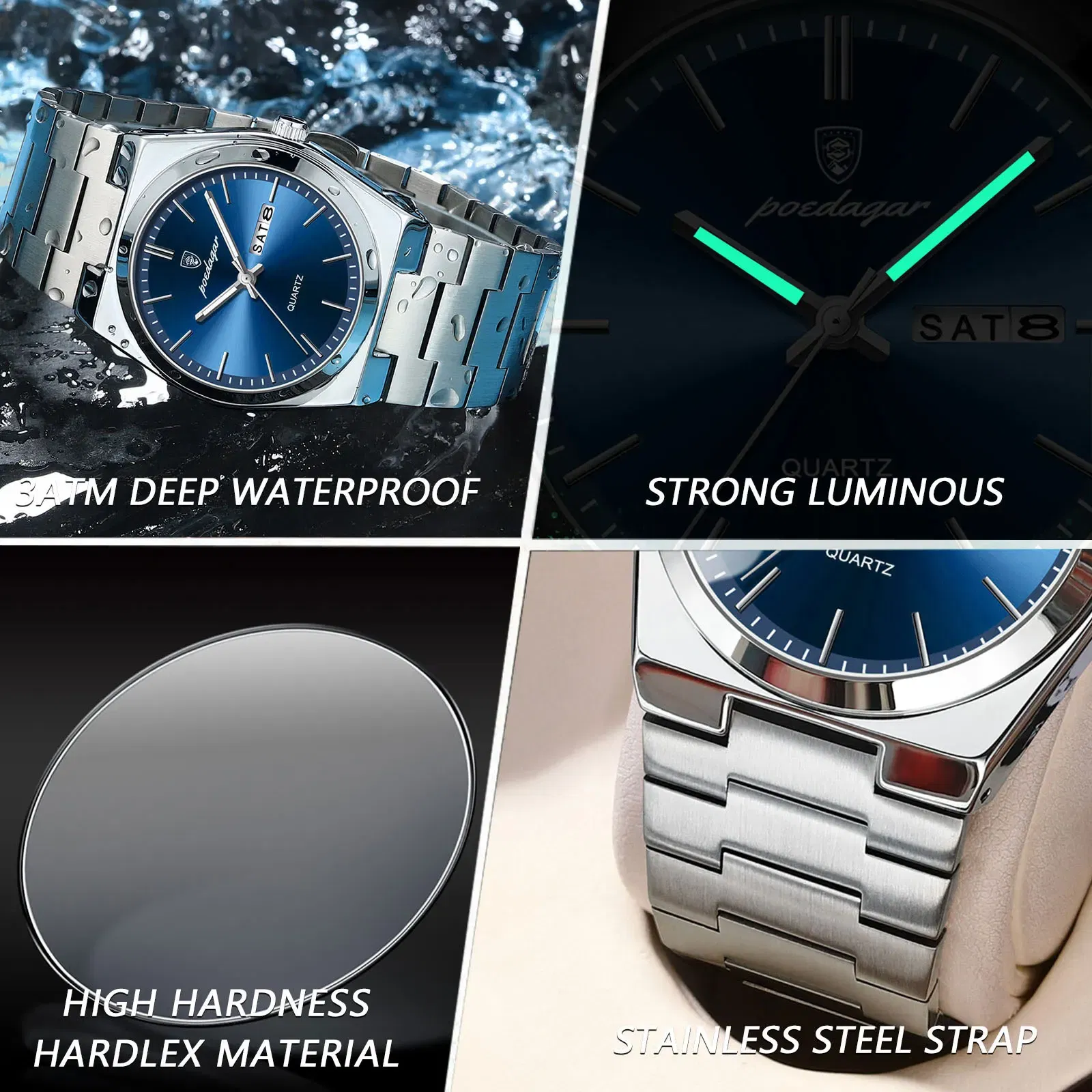 Color: Gold - POEDAGAR Luxury Watch For Man Waterproof Luminous Date Week Stainless Steel Men Watch Casual Quartz Men's Watches Male Clock+box
