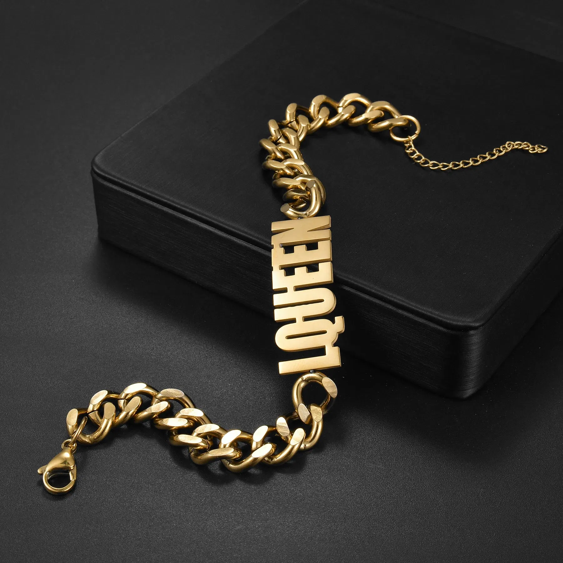 Metal Color: Blue Zinc Plated, Length: 16.5cm, Main Stone Color: Orange - Atoztide Personalized Custom Name Bracelet for Women Men Stainless Steel 10mm Cuban Chain Nameplate Handmade Bangle Jewelry Gift