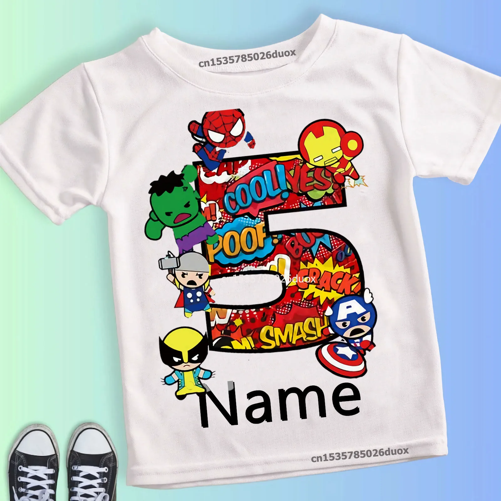 Color: SKY BLUE, Kid Size: 5T - Summer 2024 3 4 5 6 7 8 9 Marvel SuperHero Birthday Girl Short Sleeved T-shirt The Avengers Personalize Name Birthday Boy Shirt