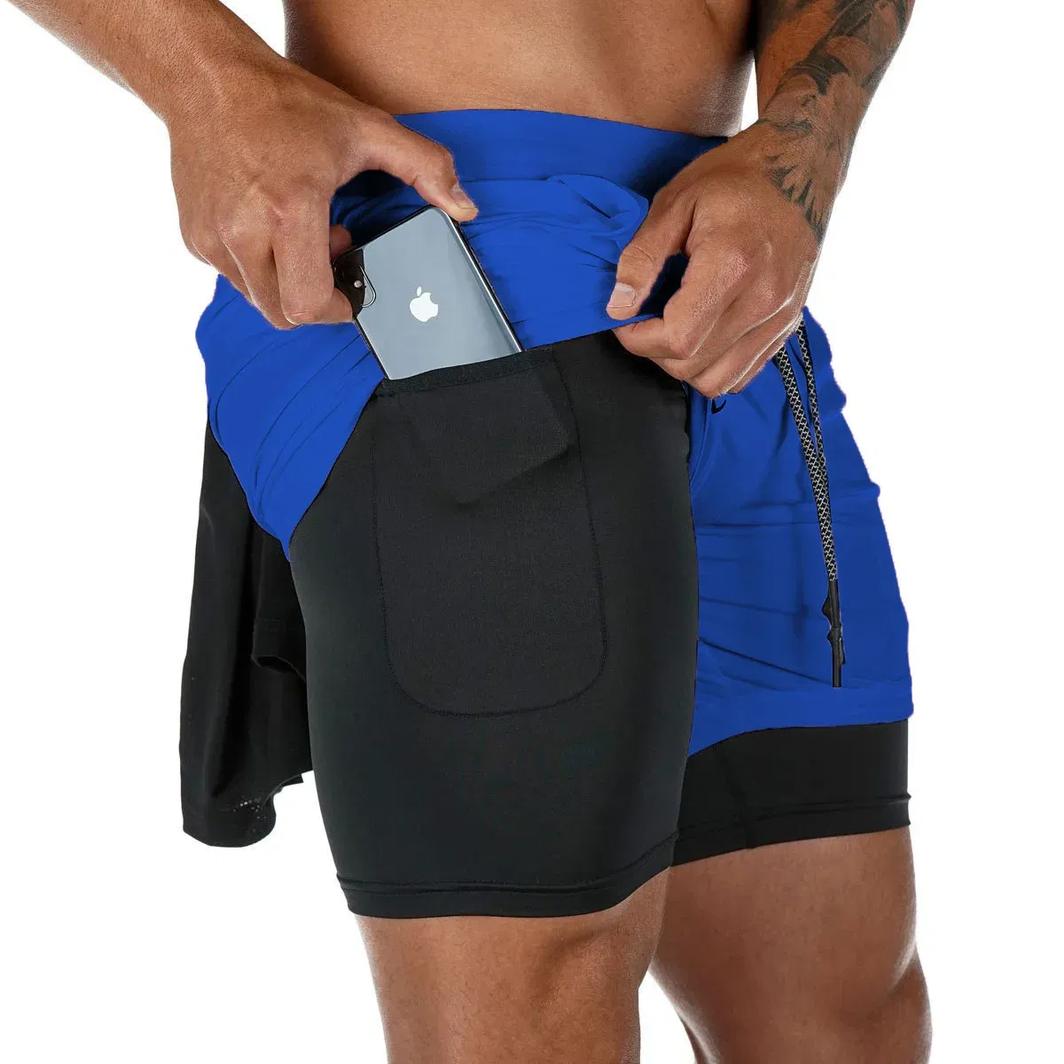 Color: Blue, Size: XXL - Men's Double Layer Fitness Shorts Drawstring Mesh Lining Elastic Waist Breathable Quick Dry to Beach Pool Summer Male