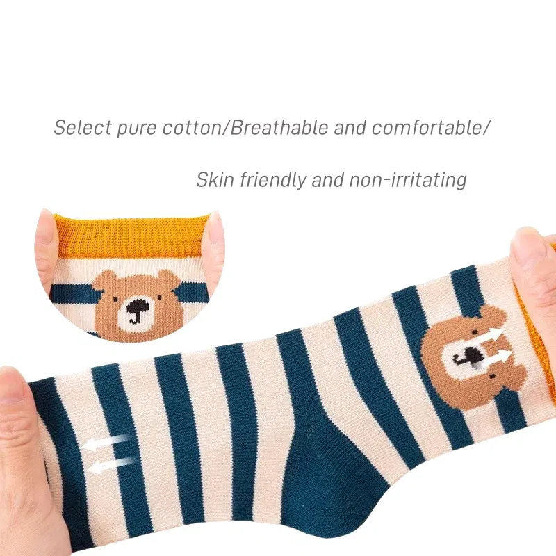 Color: Blue, Size: 10-12T - 5 Pairs Children's Socks Autumn Calf Cotton Socks Kids Boys Cartoon Bear Socks Spring Autumn Sock