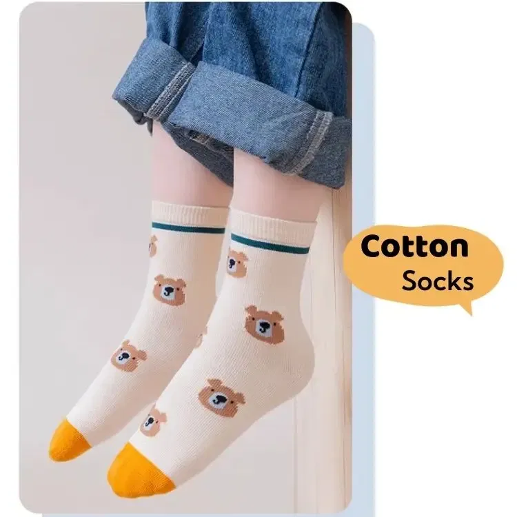 Color: Blue, Size: 10-12T - 5 Pairs Children's Socks Autumn Calf Cotton Socks Kids Boys Cartoon Bear Socks Spring Autumn Sock
