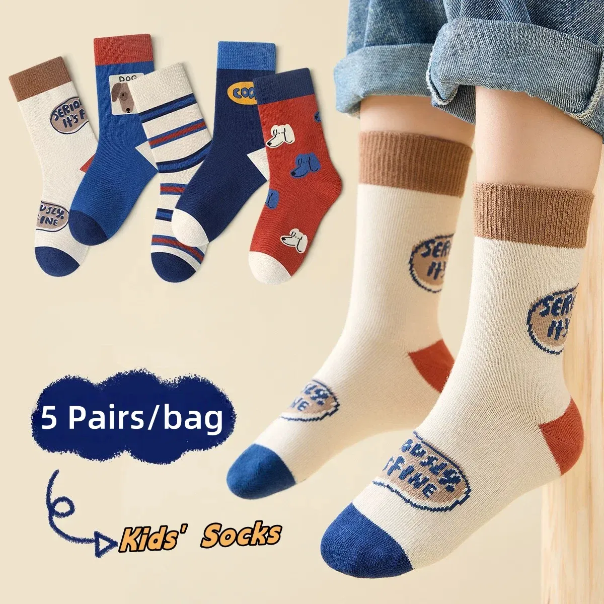 Color: Blue, Size: 10-12T - 5 Pairs Children's Socks Autumn Calf Cotton Socks Kids Boys Cartoon Bear Socks Spring Autumn Sock