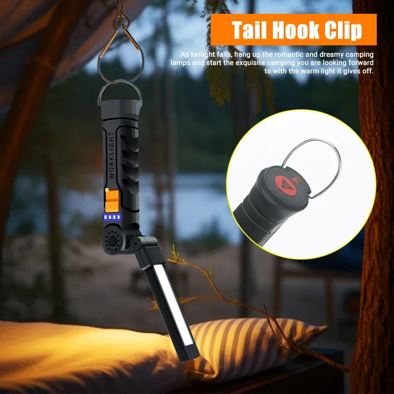 Emitting Color: green - Portable COB LED Flashlight USB Rechargeable Work Light Magnetic Lanterna Hanging Lamp with Built-in Battery Camping Torch