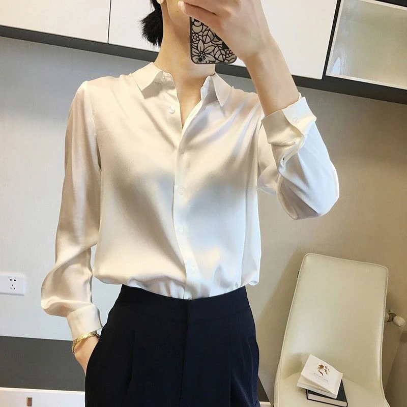 Color: WHITE, Size: M - All-match Satin Finish Shirts And Blouses Women Clothing Casual Top OL Long Sleeve Button Elegant Shirts French Solid Blouses