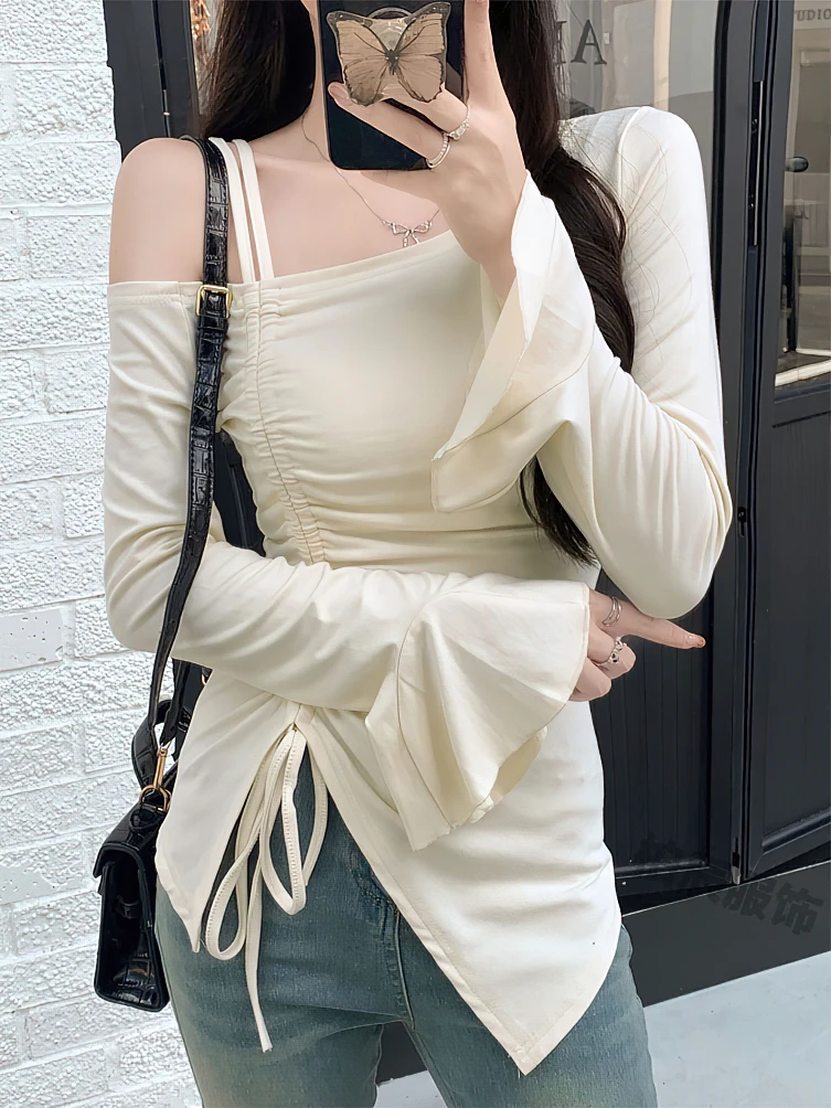 Color: Beige, Size: M - Sweet Sexy Drawstring Ribbon White Off Shoulder Top Women Basic Long Sleeve Body T-Shirt Elegant Flare Sleeve Lady Tees Pulovers