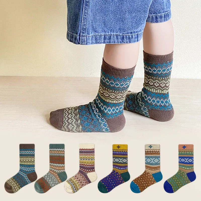 Color: Gold, Size: 4-6T - Three Pairs of Spring and Autumn New Children's Double Needle Double Road Boneless Zero Line Combed Cotton Comfortable Socks