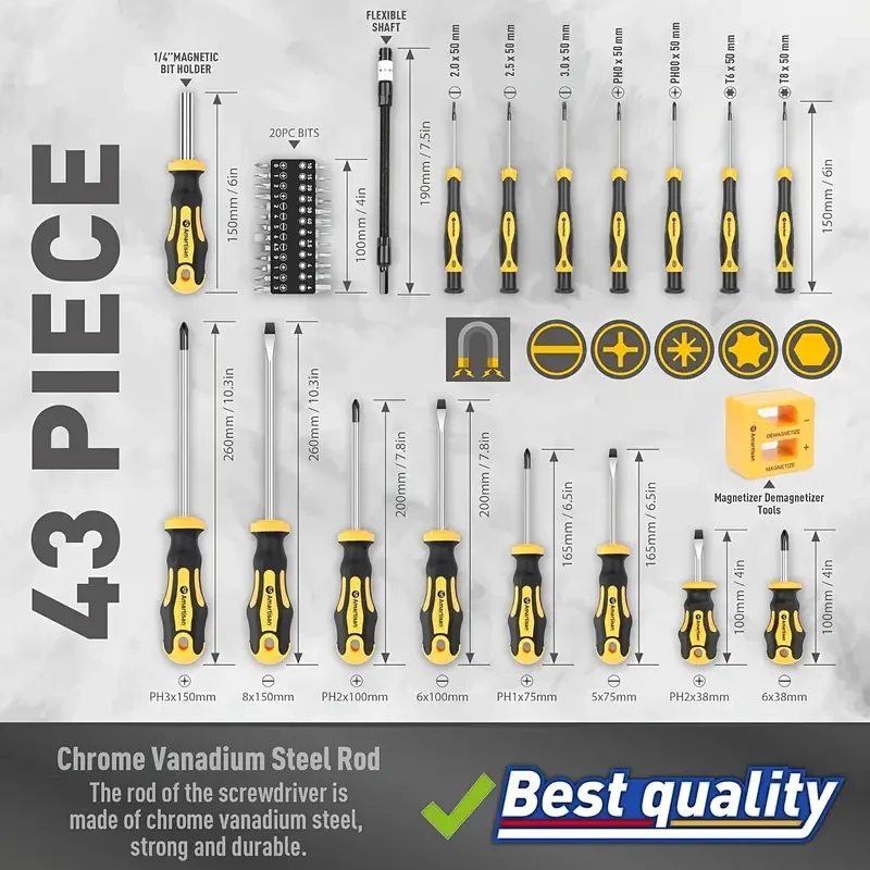 43-Piece Magnetic Screwdriver Kit with Box – Includes Slotted, Cross, Hex, Precision, and More