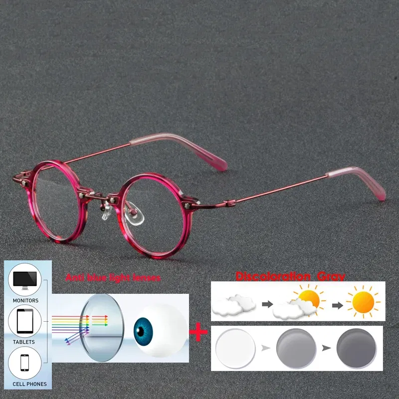 Frame Color: Red, Eye Prescription: 0 - VCKA Anti-blue Discolor Acetate+Titanium Myopia Glasses Frames Small Round Men Prescription Optical Women Eyewear -0.50 to -10.0