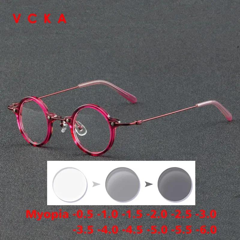 Frame Color: Red, Eye Prescription: 0 - VCKA Anti-blue Discolor Acetate+Titanium Myopia Glasses Frames Small Round Men Prescription Optical Women Eyewear -0.50 to -10.0