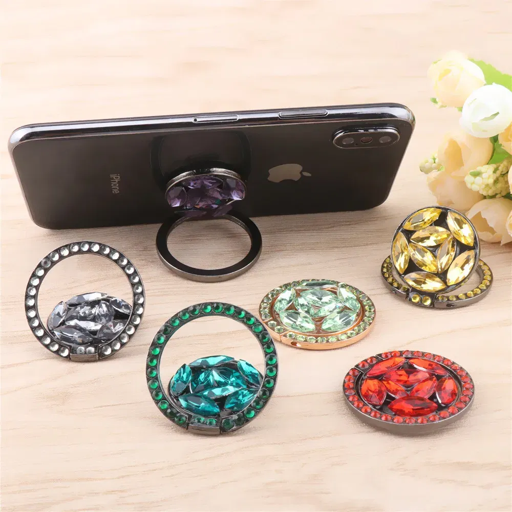 Color: Yellow - Universal Luxury Bling Diamond  Phone Holder Foldable Portable Lazy Bracket Smartphone Finger Ring Stand Cartoon For iPhone11 XS
