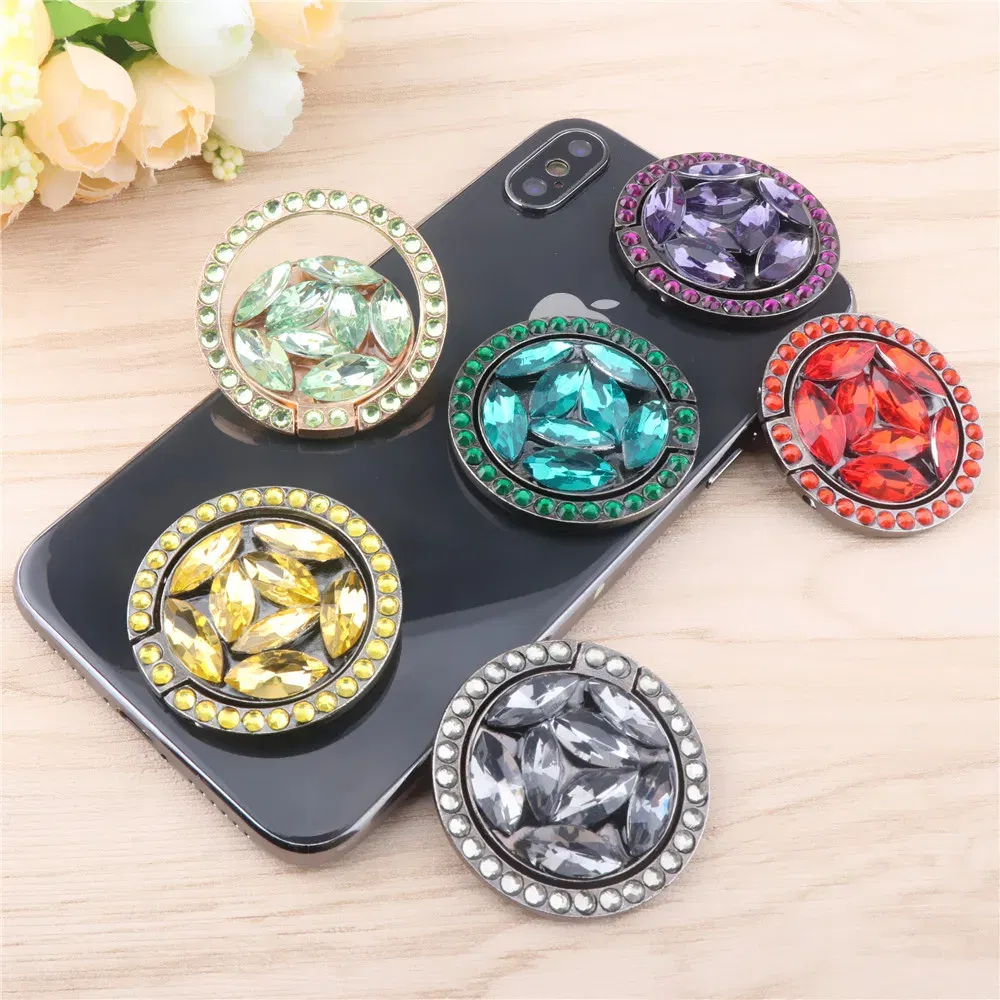 Color: Yellow - Universal Luxury Bling Diamond  Phone Holder Foldable Portable Lazy Bracket Smartphone Finger Ring Stand Cartoon For iPhone11 XS