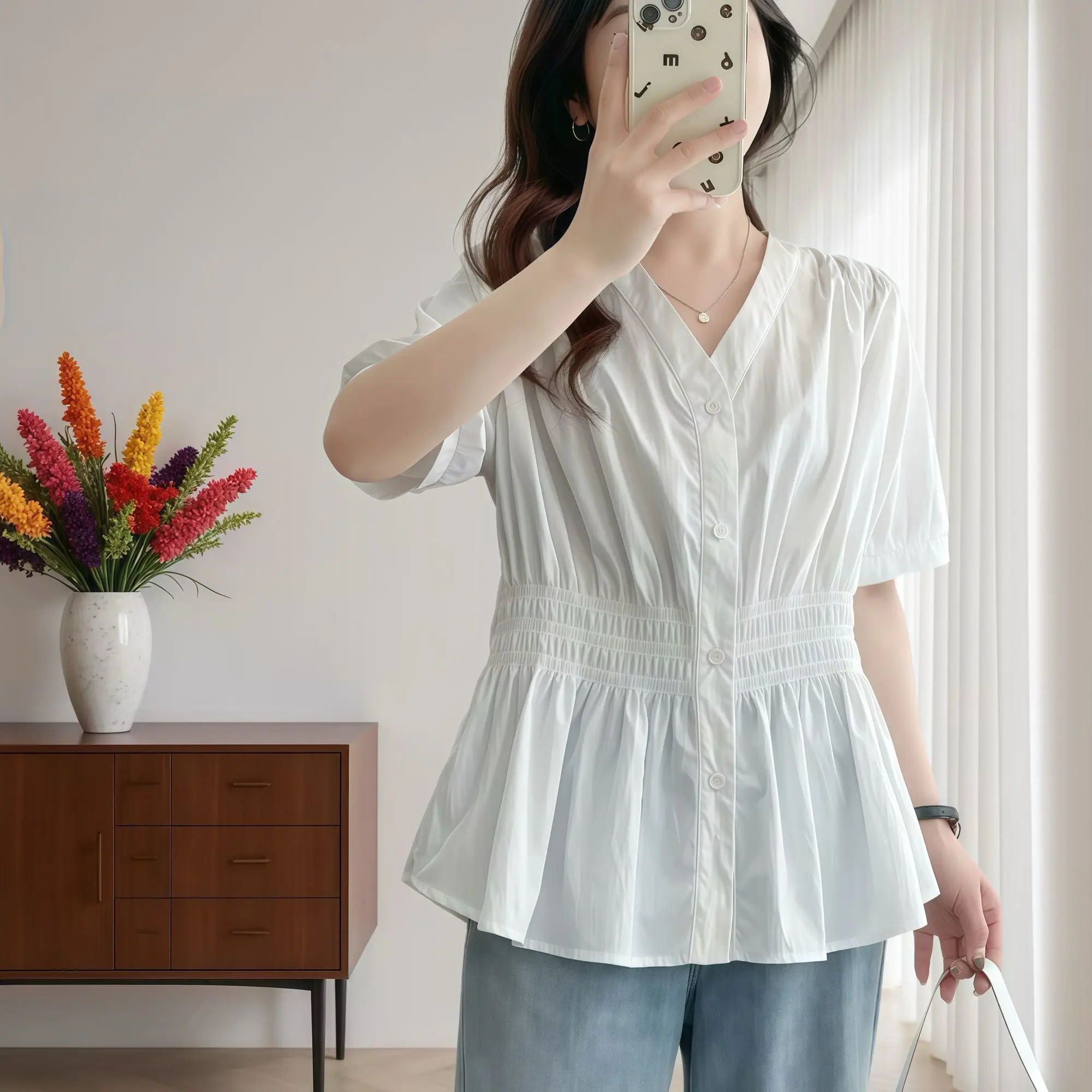 Color: Silver#, Size: 3XL - 200 Pounds Plus Size Elastic Waist Summer Shirt And Blouse Short Sleeve Solid Top Women's New In Clothes Simple V-neck French