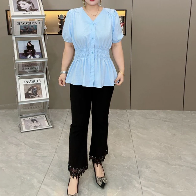 Color: Silver#, Size: 3XL - 200 Pounds Plus Size Elastic Waist Summer Shirt And Blouse Short Sleeve Solid Top Women's New In Clothes Simple V-neck French