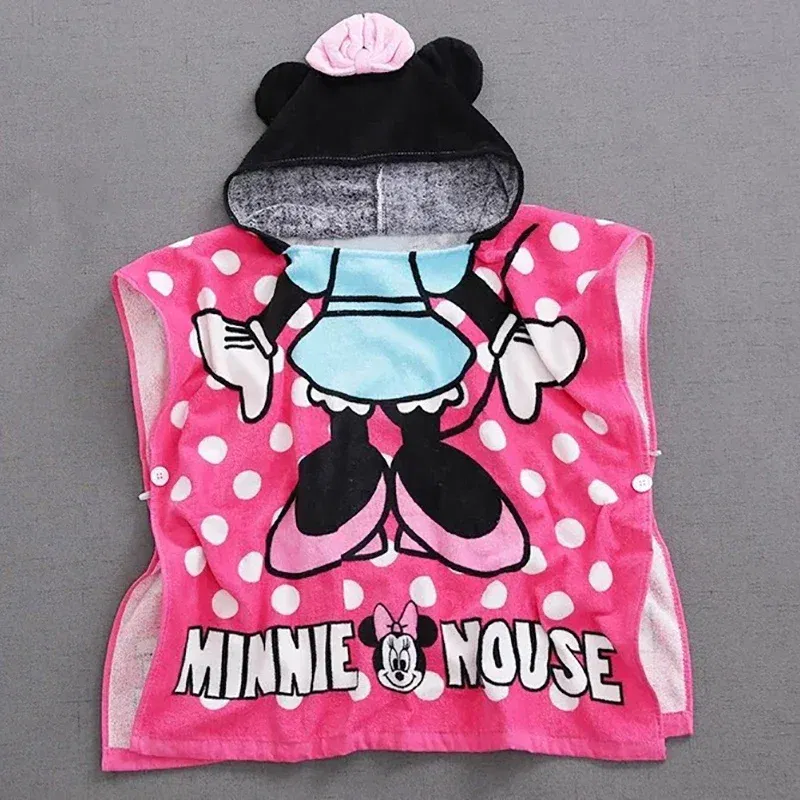 Color: Pink - Disney Kids Hooded Bath Towel Child  Breathable Gauze Cloak Beach Towel Mickey Minnie Cartoon Boy Grl BAth Towel 60x120cm