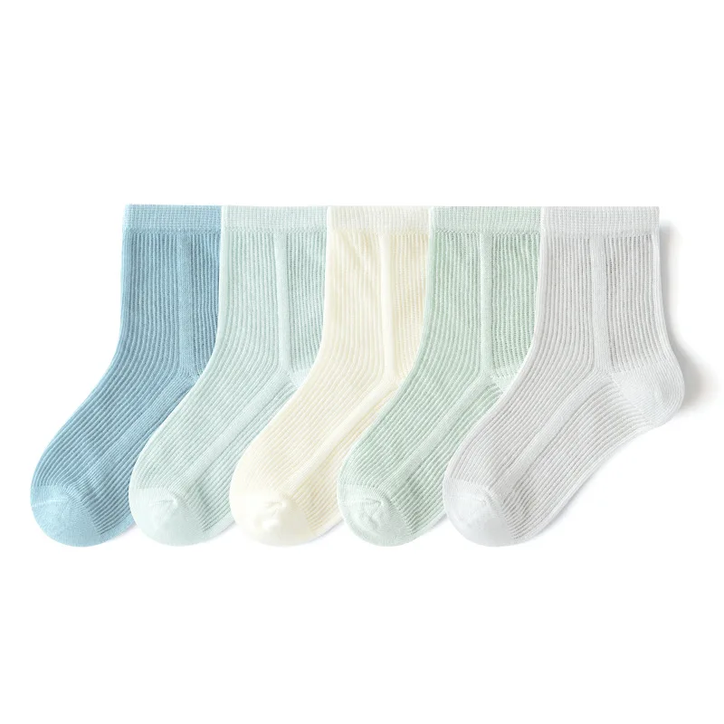 Color: Beige, Size: 2-3T - 5 Pairs Baby Socks Summer Cotton Socks Thin Mesh Sock Boys Girls Crew Socks Solid Color