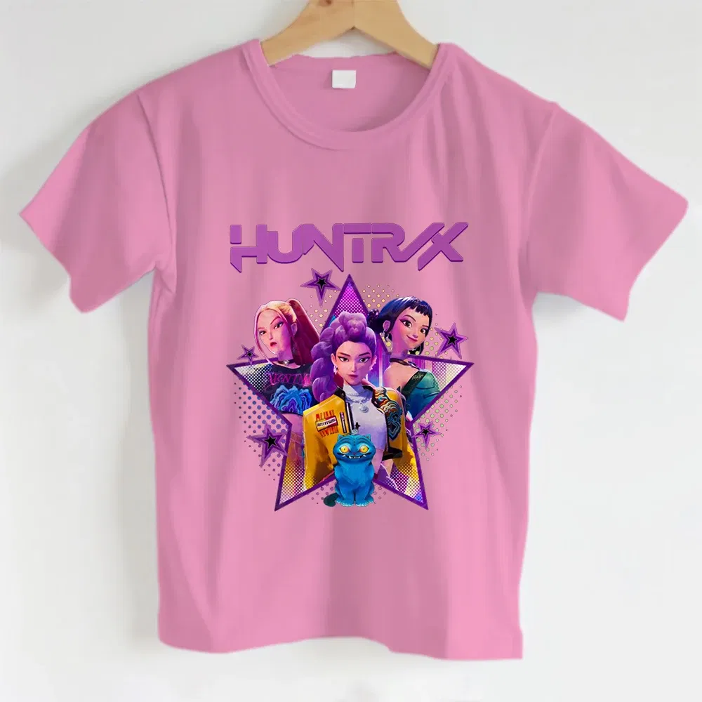 Color: Pink, Kid Size: 10 - KPOP Hunters Anime series pattern Girl T-shirt, Huntrix girl Group cute T-shirt