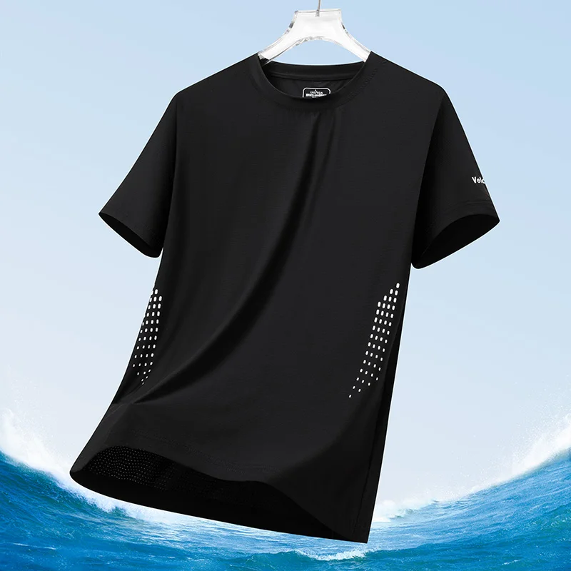 Color: Navy Blue, Size: 4XL - Men's Silk Ice Round Collar T-shirt, Simple Running Fitness Suit, Breathable Thin T-shirt, Quick Dry T-shirt, Summer