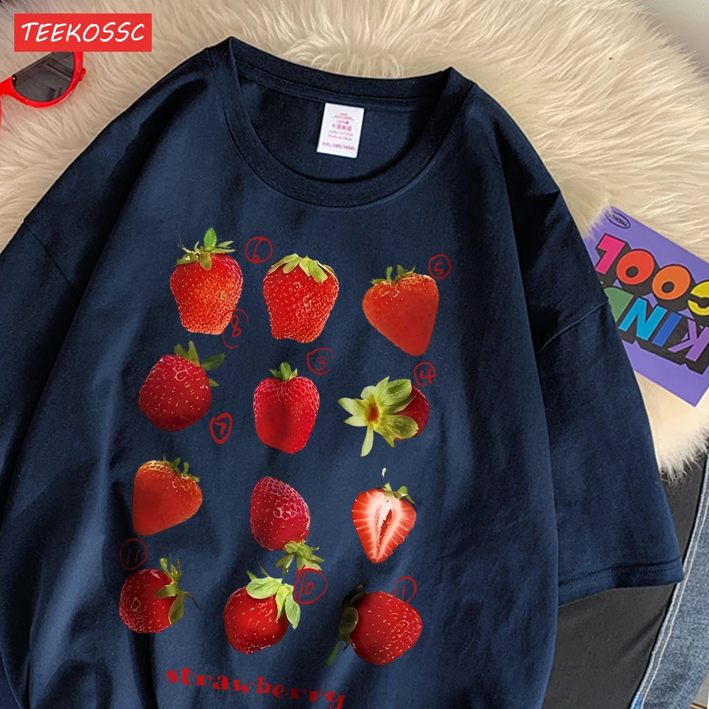 Color: SKY BLUE, Size: L - 100% Cotton Women T-shirt Cute Fresh Strawberries Printed Tee Shirt Summer Comfortable Loose Tops Street Fashion Female Clothes