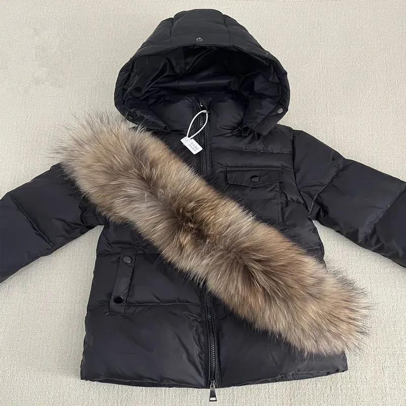 Color: Khaki, Kid Size: 2T - Kids Winter Down Jacket Shiny Real Raccoon Fur Collar Toddler Boys Hooded Coat Baby Girls Warm Snowsuit Children's Parkas