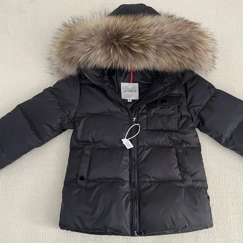 Color: Khaki, Kid Size: 2T - Kids Winter Down Jacket Shiny Real Raccoon Fur Collar Toddler Boys Hooded Coat Baby Girls Warm Snowsuit Children's Parkas