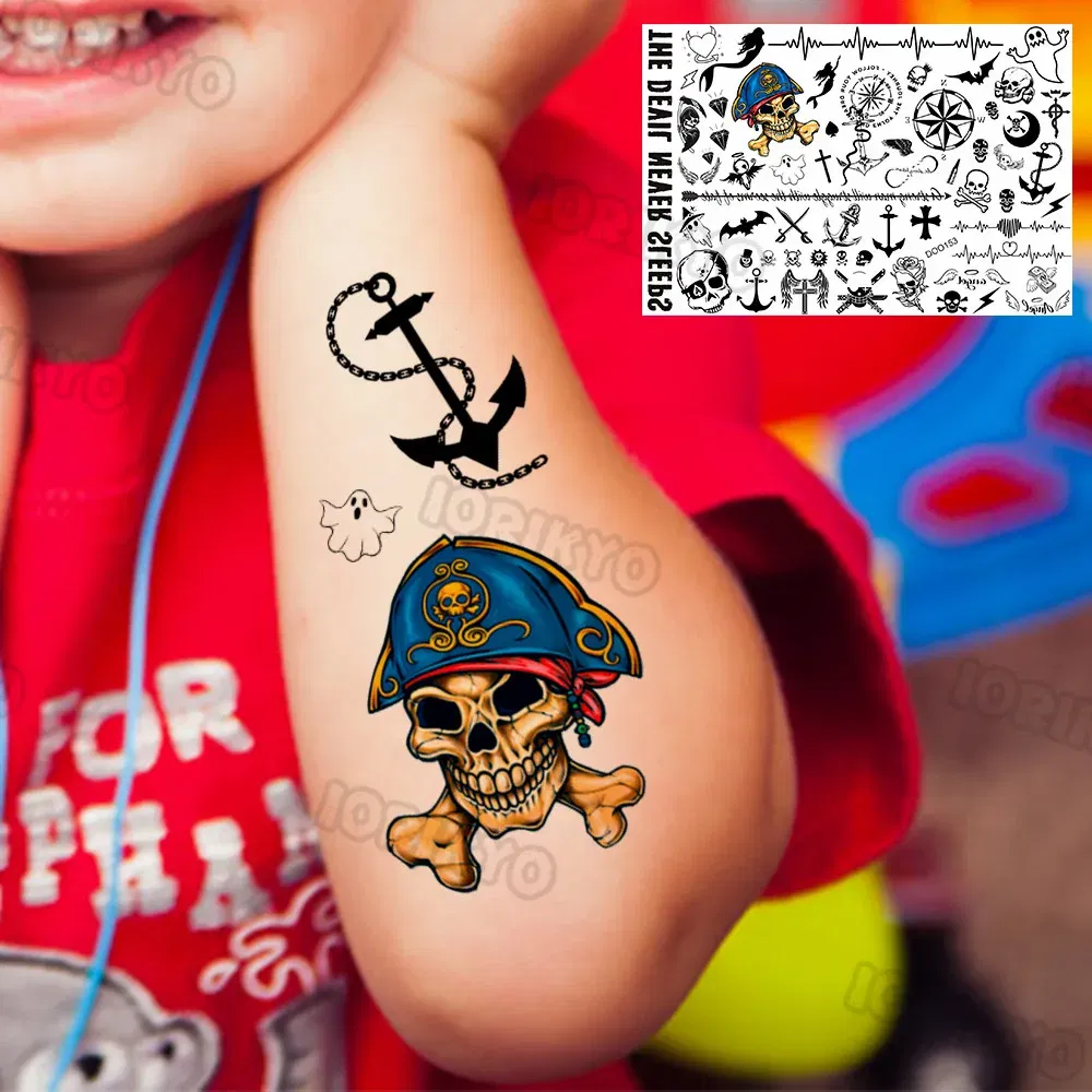 Color: plum - Skull Temporary Tattoos For Kids Men Women Adult Face Neck Pirate Captain Tattoo Sticker Monster Fake Skeleton King Tatoos