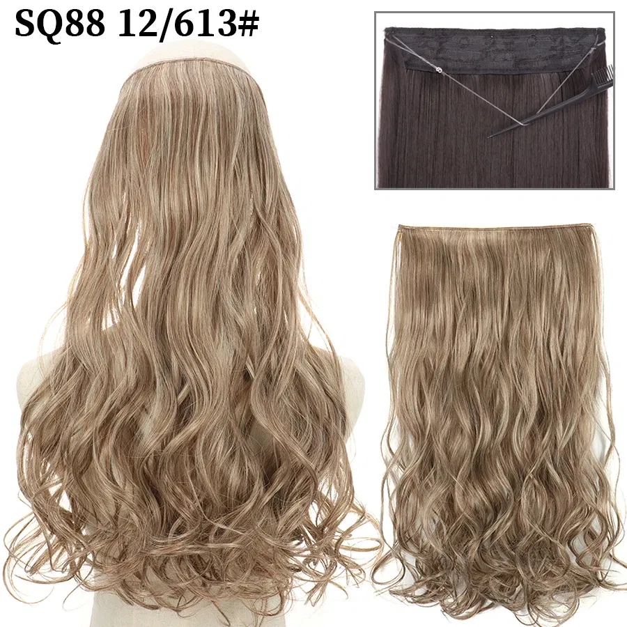 Color: #144, Stretched Length: 22inches, Ships From: CHINA - Synthetic Natural Wavy No Clip Fish Line Invisible Hair Extensions Mixed Color Blonde Black Artificial False Hair Piece ForWomen