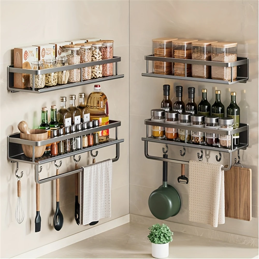 Color: Dark Khaki - Multifunctional Kitchen and Bath Tray Wall-Mounted Aluminum Storage Rack Seasoning Bottle Storage Shelf Kitchen Storage Hooks