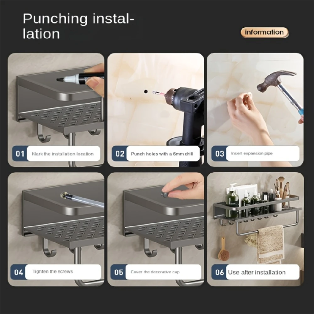 Color: Dark Khaki - Multifunctional Kitchen and Bath Tray Wall-Mounted Aluminum Storage Rack Seasoning Bottle Storage Shelf Kitchen Storage Hooks