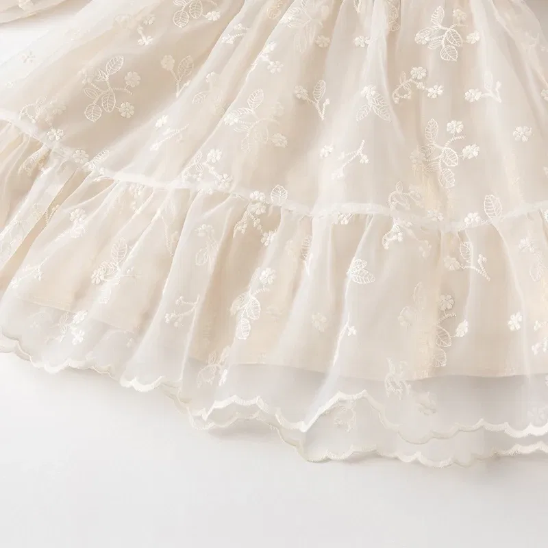 Dave Bella Spring New Baby Dress Long Sleeve Girl Princess Dress Birthday Party Dress Beige Embroidery Dress DB1230351