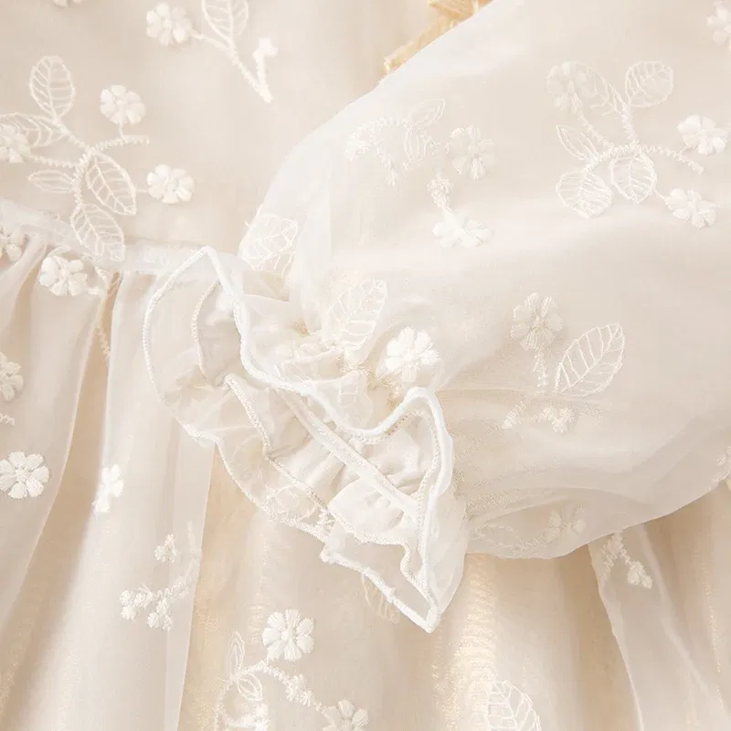 Dave Bella Spring New Baby Dress Long Sleeve Girl Princess Dress Birthday Party Dress Beige Embroidery Dress DB1230351