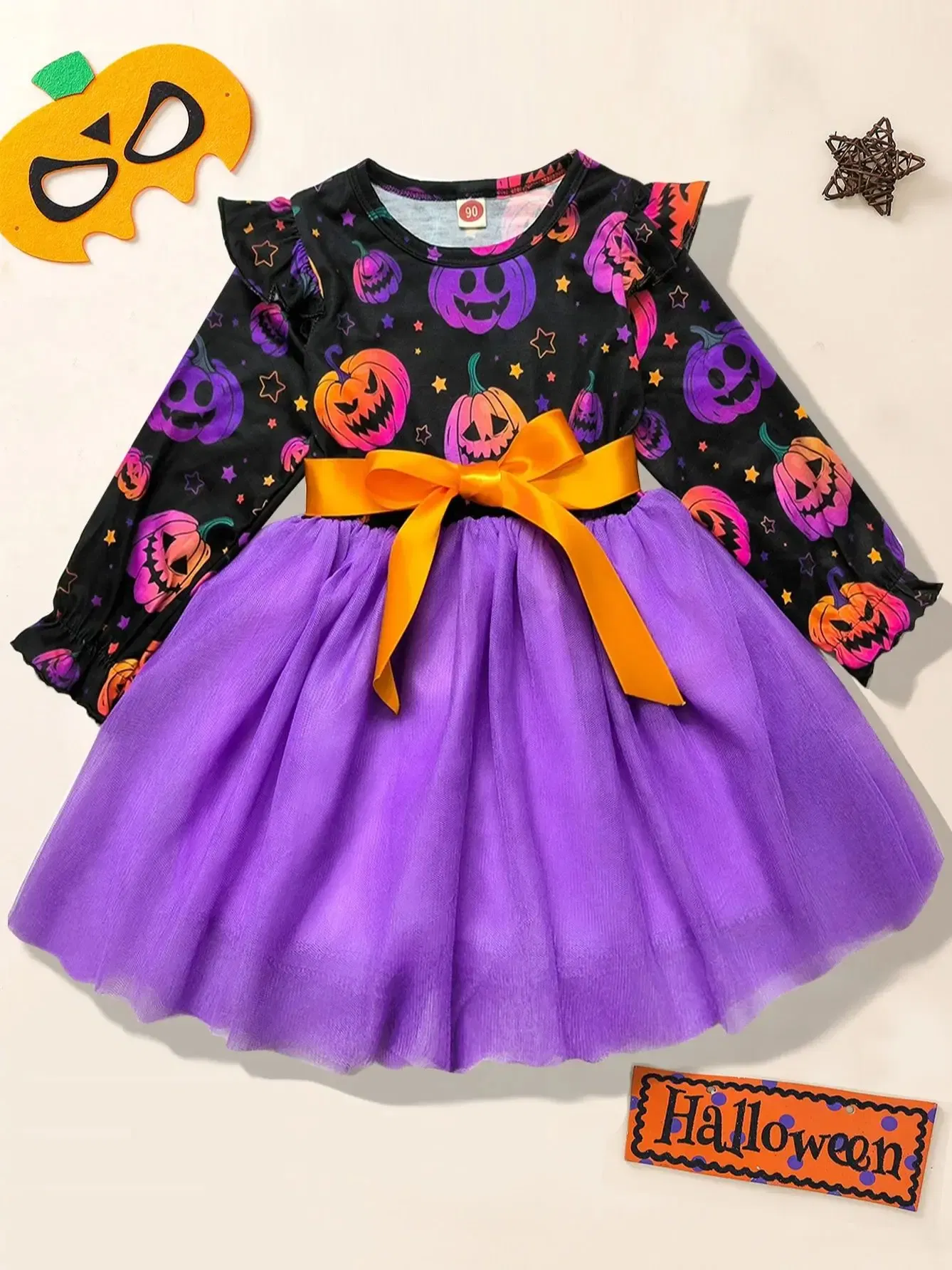 Color: PURPLE, Kid Size: 5 - Girl Halloween Dress Pumpkin Ghost Face Pattern Mesh With Ribbon Long Sleeved Girls Party Dresses 2-8 Children Halloween Costume
