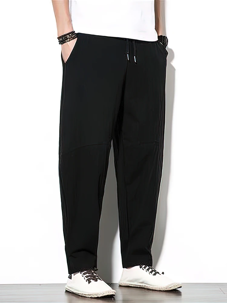 Color: black, Size: XL - 100% Cotton Linen Pants Men Baggy Casual Trousers Male Walking Wide leg Loose Sweatpants Chinese Summer Jogger Pants 2025 New