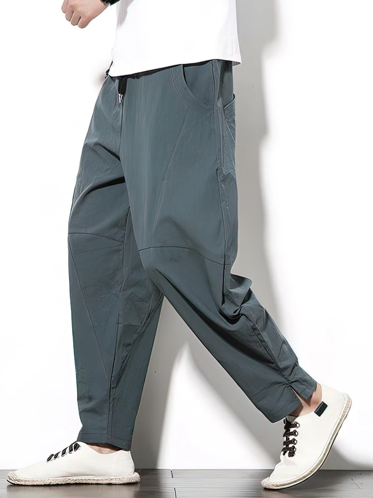 Color: black, Size: XL - 100% Cotton Linen Pants Men Baggy Casual Trousers Male Walking Wide leg Loose Sweatpants Chinese Summer Jogger Pants 2025 New